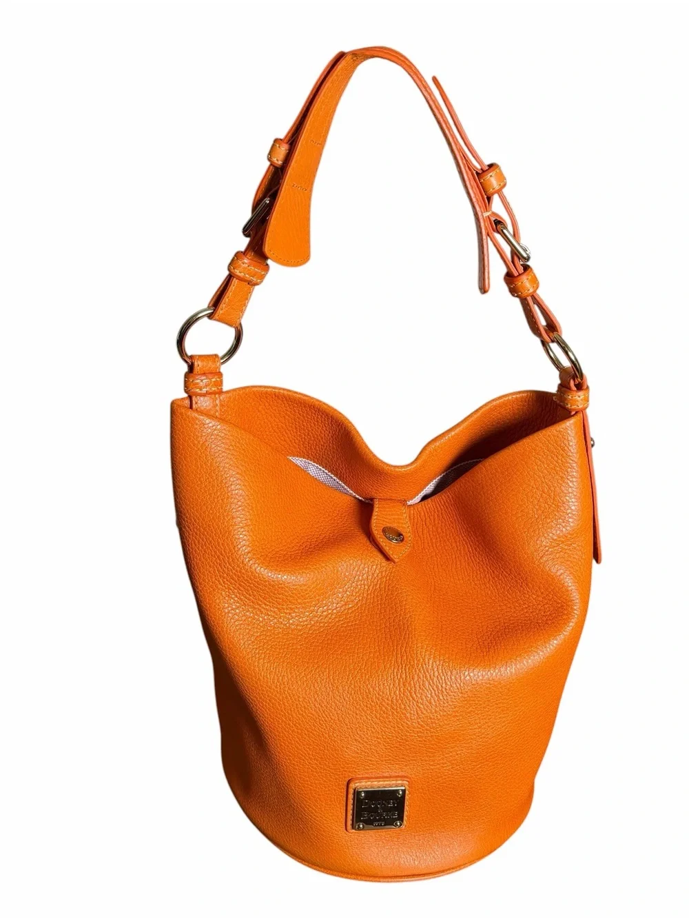 Dooney & Bourke Orange Pebbled Leather Bucket Hobo Shoulder Bag Y2K Pink Lining